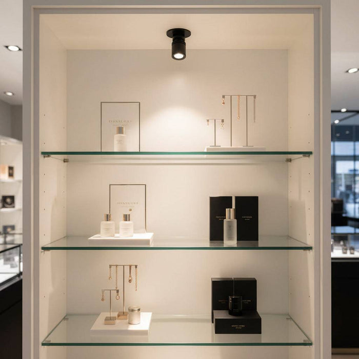 black LED spotlight for display cabinet mounted in the top of a display cabinet
