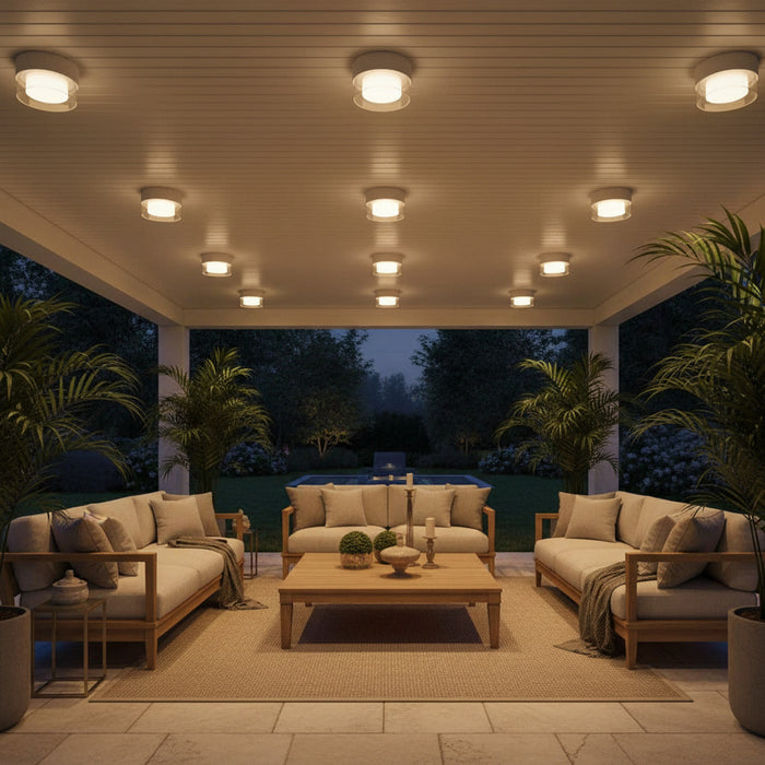 white outdoor ceiling mount light lighting up and outdoor seating area