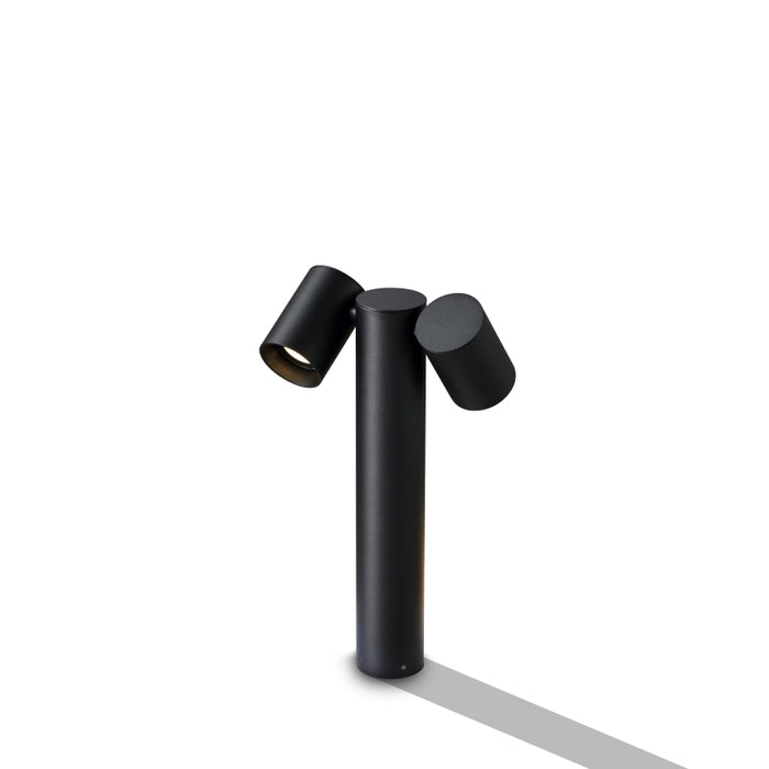 twin head LED spotlight black adjustable bollard light on a white background