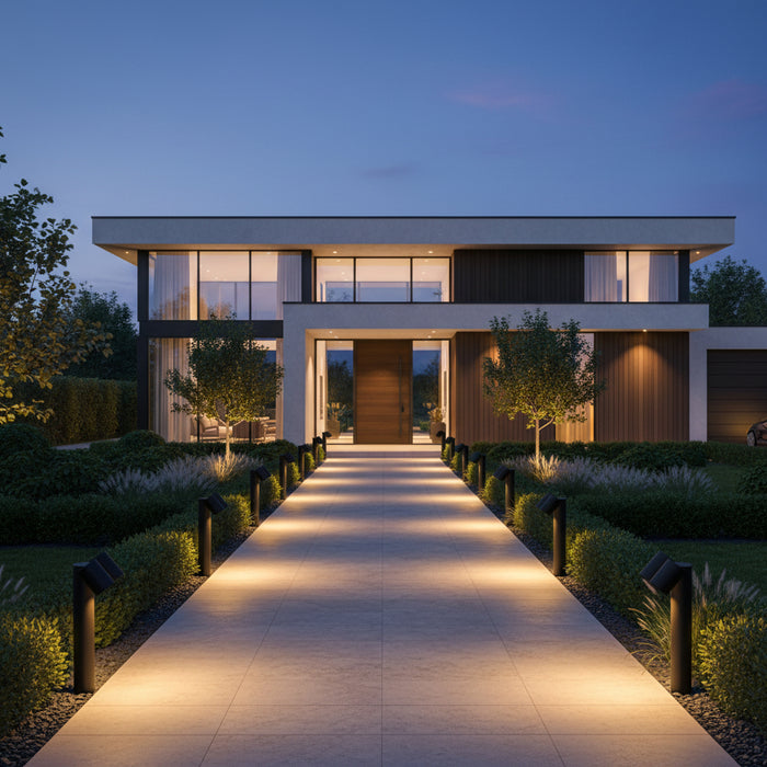 black adjustable bollard light fitted along the paythway of a modern home