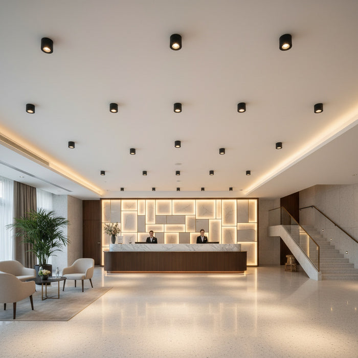 black adjustable ceiling lamp installed in a hotel reception