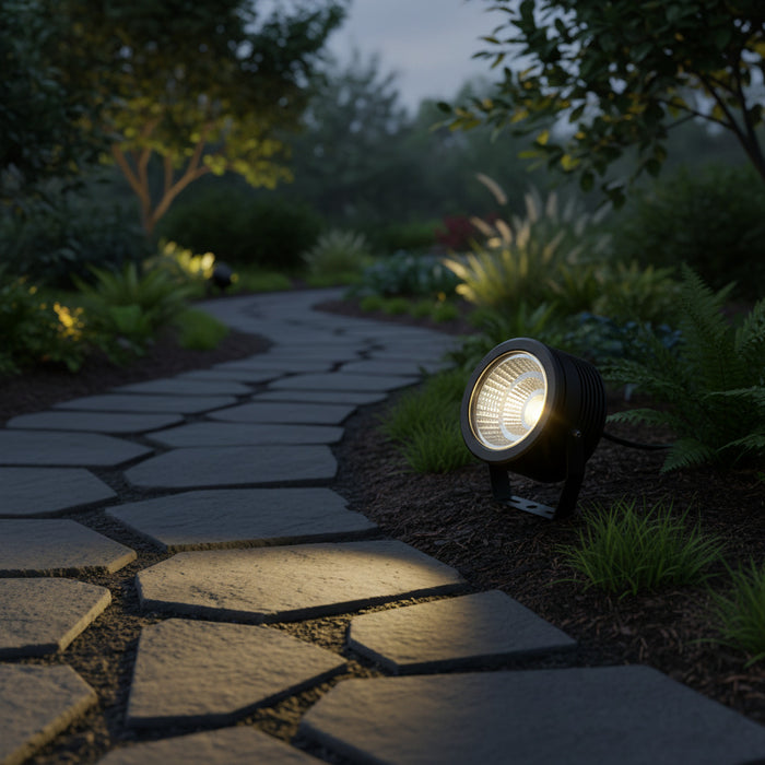 black pathway stake light installed in a garden border alongside a pathway