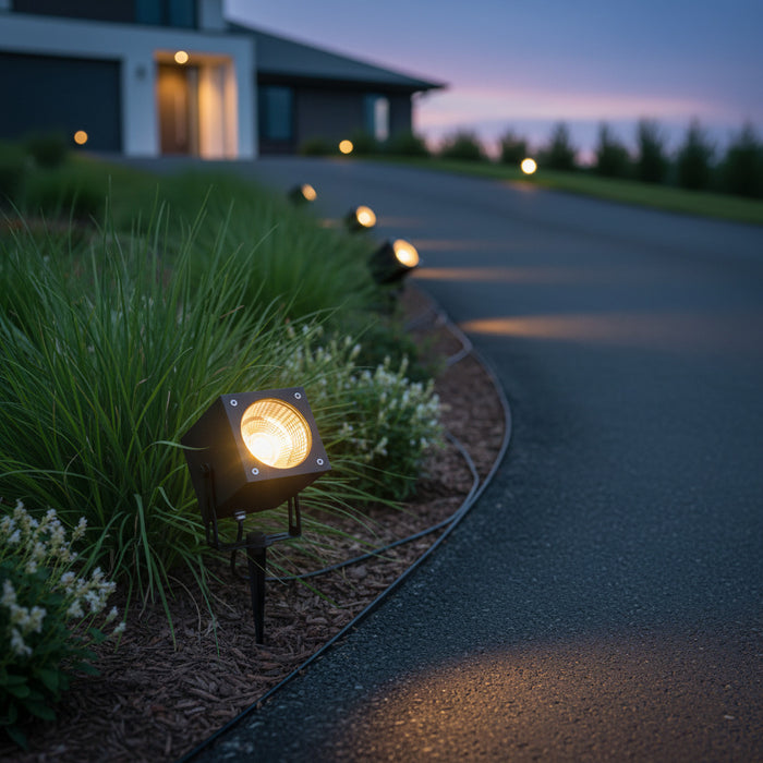 black driveway stake light fitted alongside a home driveway