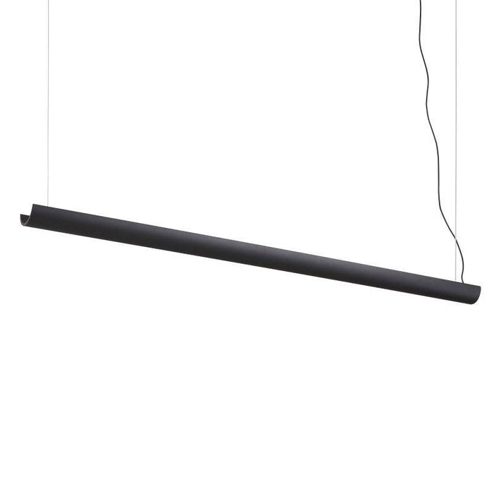 Black linear LED pendant light on a  white background