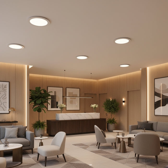 Slim downlight in a hotel reception with furniture against a pale orange wall