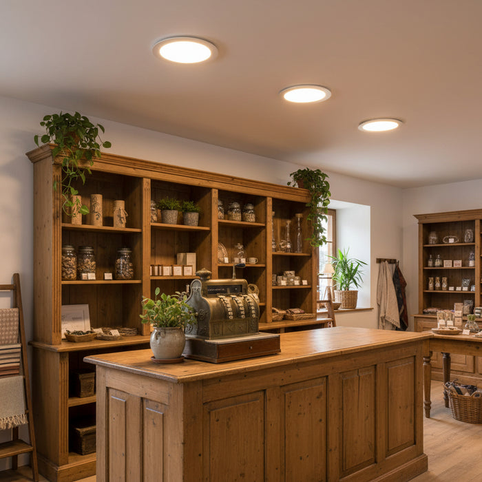 Slim downlight above a cash desk in a traditional shop with pine furniture