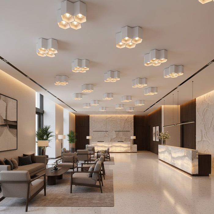 white surface ceiling light mounted in a hotel reception