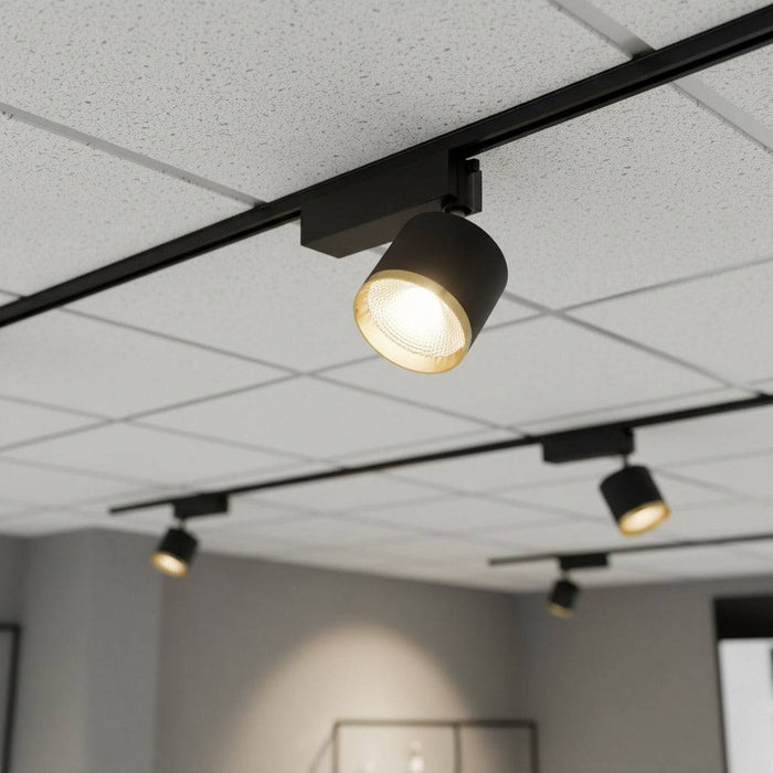 black and gold LED ceiling track spotlight mounted on a suspended ceiling