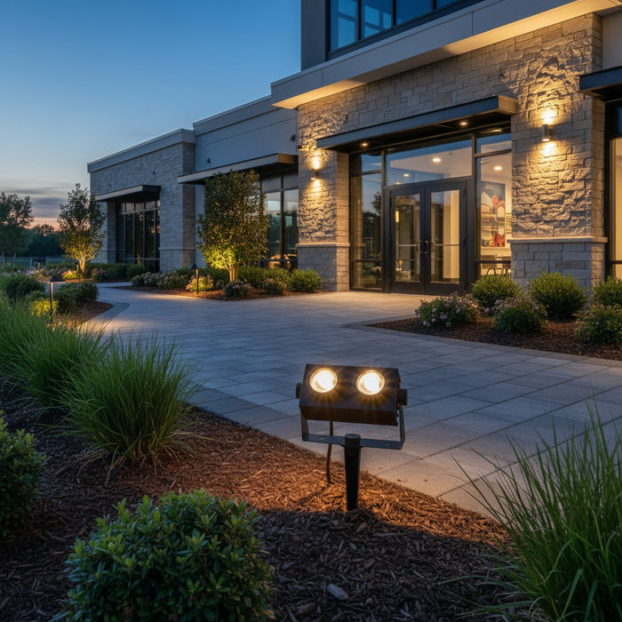 black twin garden spike light fitted in the garden outside a modern building