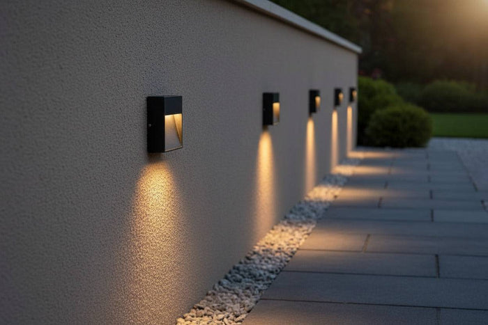 black outdoor low level wall light mounted in a row along a garden wall