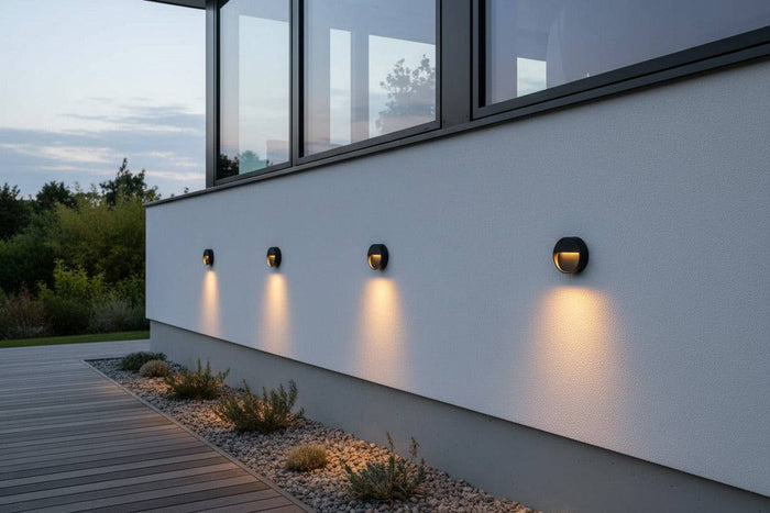 black external step light mounted in a row along the white exterior wall of a house