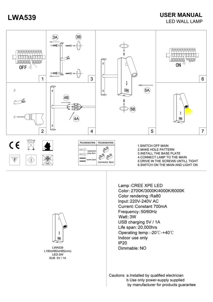 black wall mounted reading light with USB port installation guide