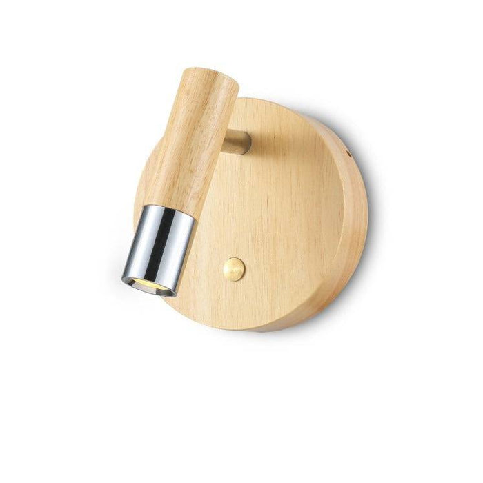 polished chrome finish adjustable wooden reading light mounted on a white wall