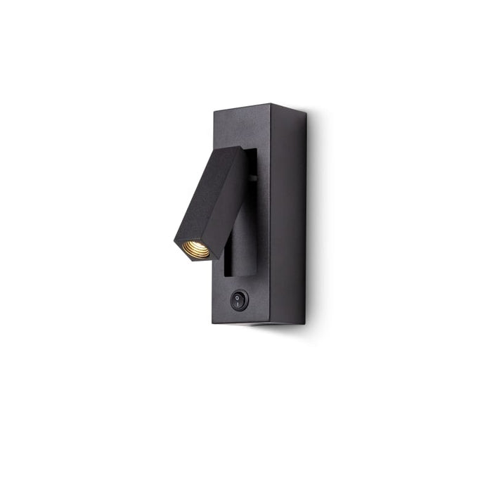 black wall mounted reading lamp shown on a white back ground