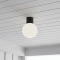 black waterproof outdoor ceiling light mounted on a white outside ceiling