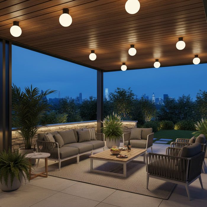 black waterproof outdoor ceiling light mounted on an outdoor ceiling