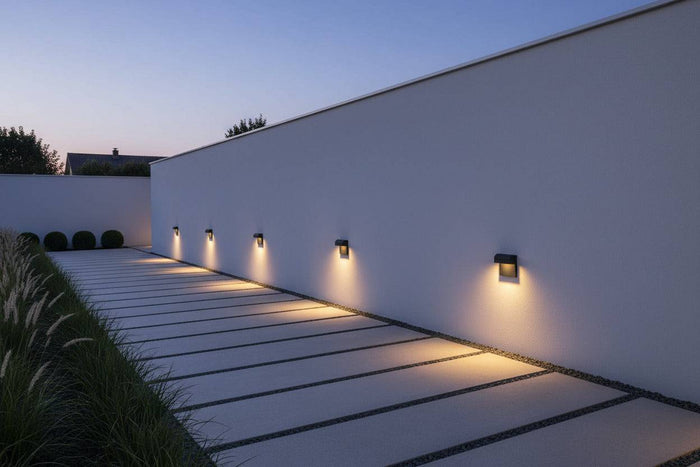 black light for outdoor stairs mounted along a white wall on a modern home
