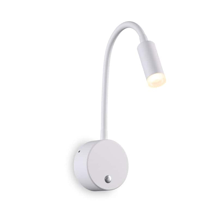 white dimmable bedroom reading light on a white background