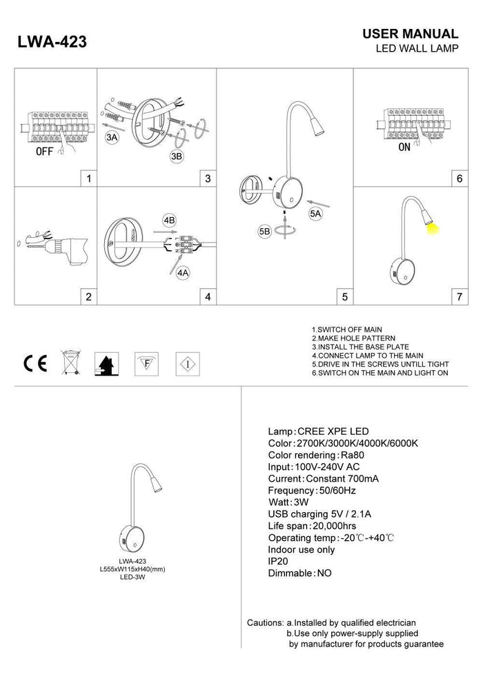 white flexible LED reading lamp installation instructions