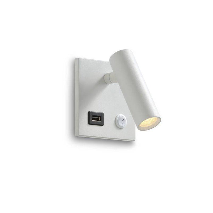 white recessed bedside reading lamp with usb port shown on a white background