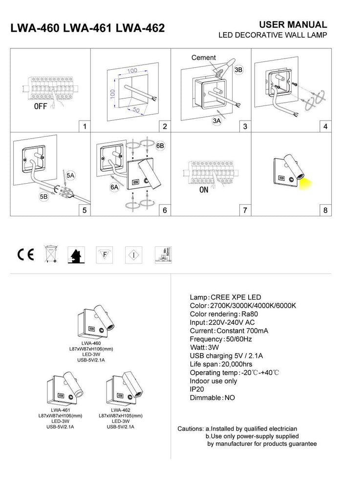 white recessed bedside reading lamp with USB port installation guide