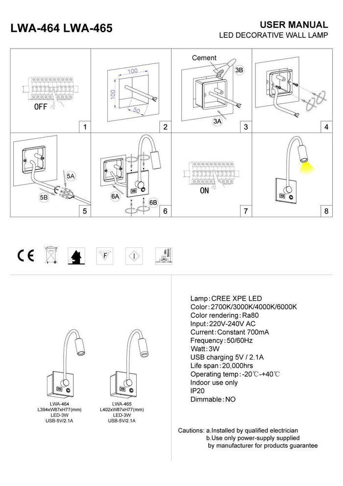 white recessed reading lamp with USB port installation instructions