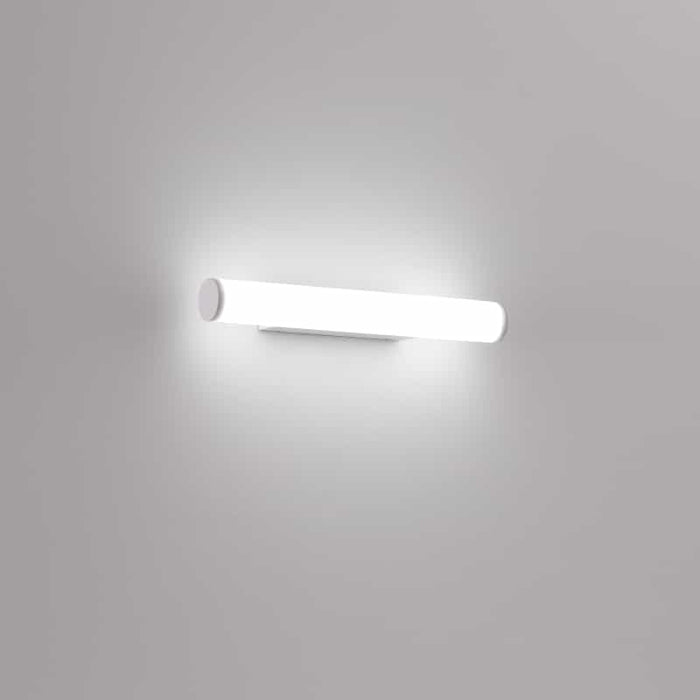 white bathroom mirror wall light shown mounted on a white wall