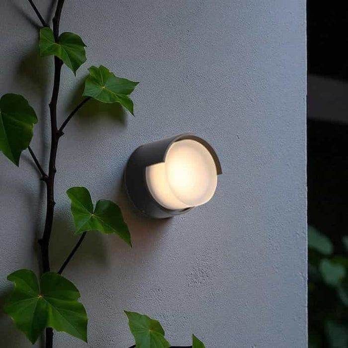 black outside wall lamp mounted on a textured outdoor wall with a plant next to it