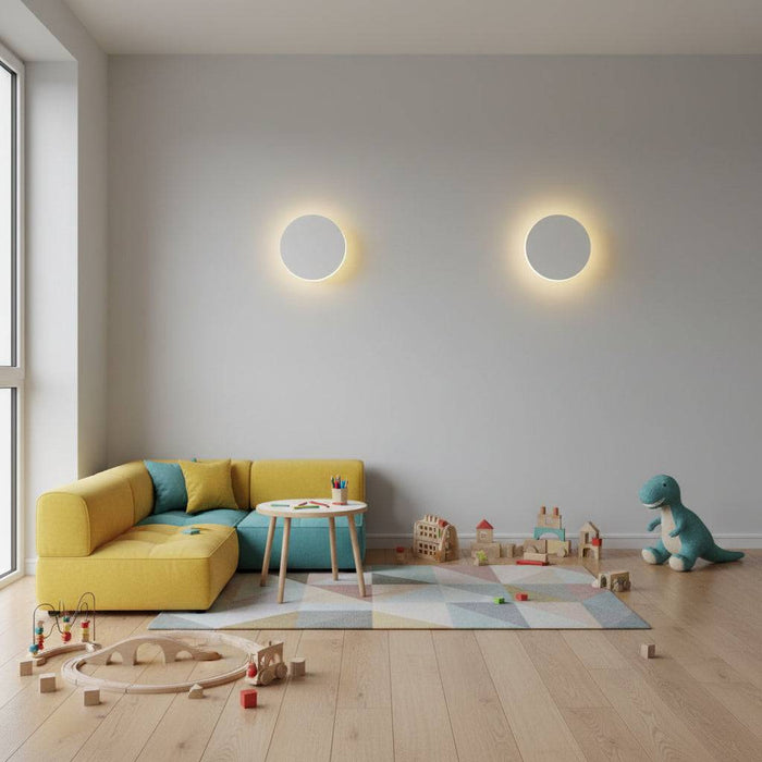 White LED internal wall light on the wall of a child's playroom in  a modern home