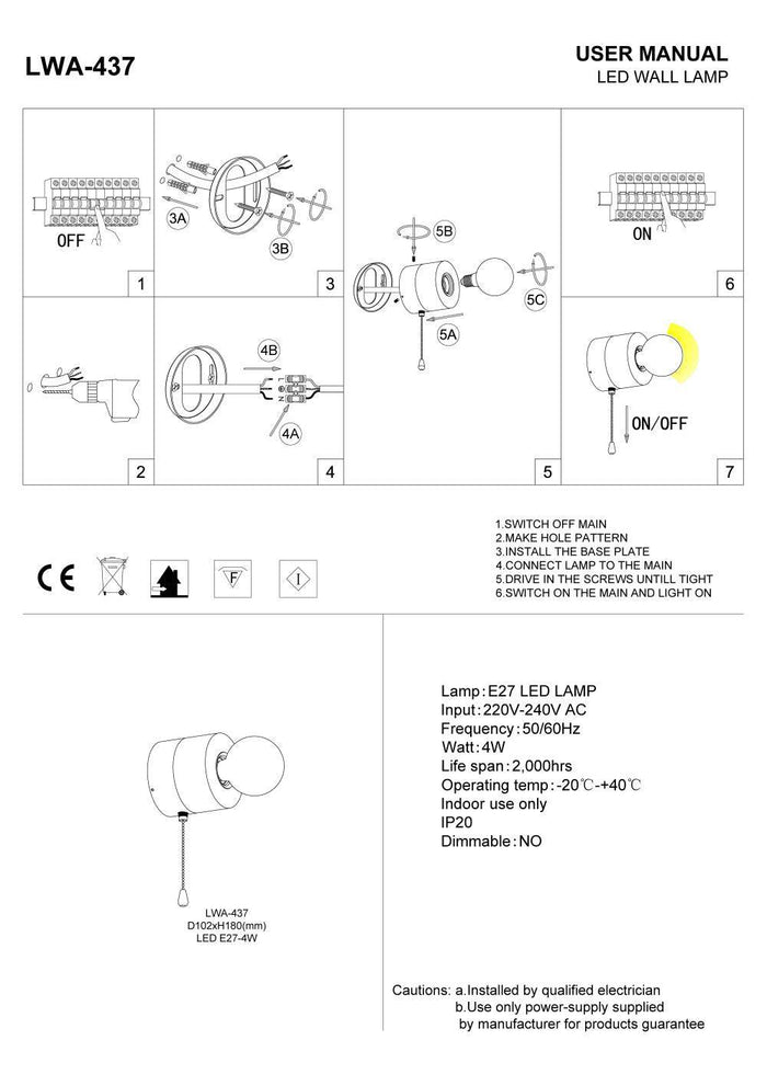 Black wall light indoor with pull cord installation guide