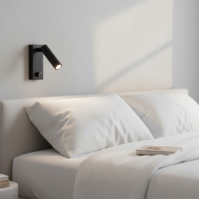 black dimmable bedside reading lamp mounted over the bed in a modern bedroom