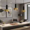 Gold pendant light fixture in a hotel reception