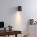 Black interior LED wall downlight on a white wall in a modern home