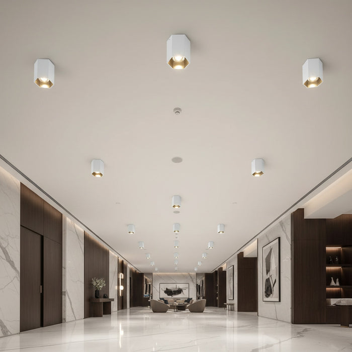 white spotlight ceiling light installed in a large hotel reception area