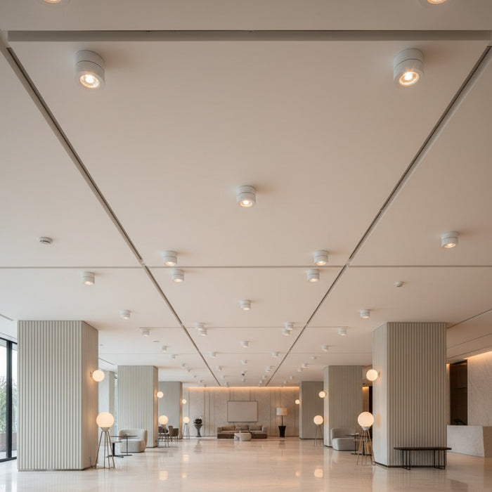 white adjustable ceiling light mounted on a high ceiling in a hotel