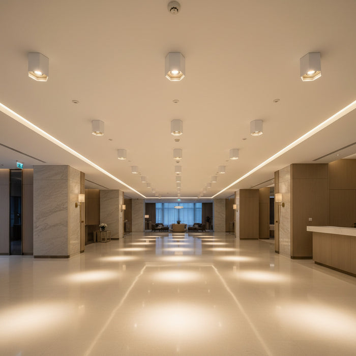 white LED flush ceiling lamp shown mounted in a hotel reception area.