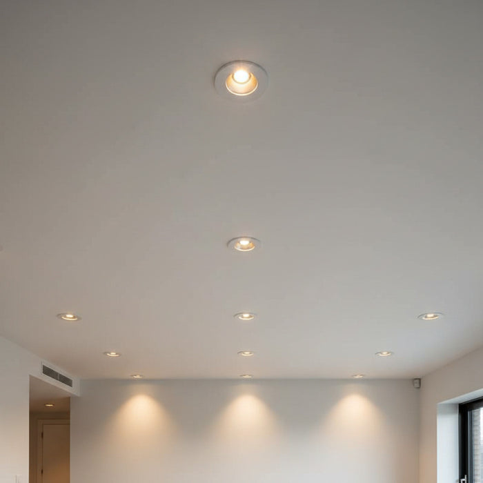 white recessed ceiling mounted downlight showing a number of lights mounted in the ceiling in a hotel room
