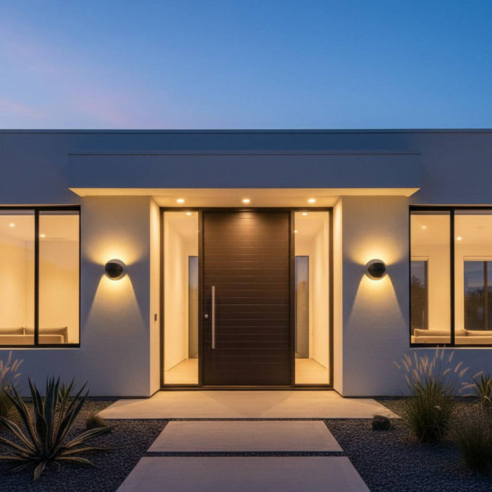 black modern outdoor wall lamp mounted either side of the front door of a modern home with a wooden door