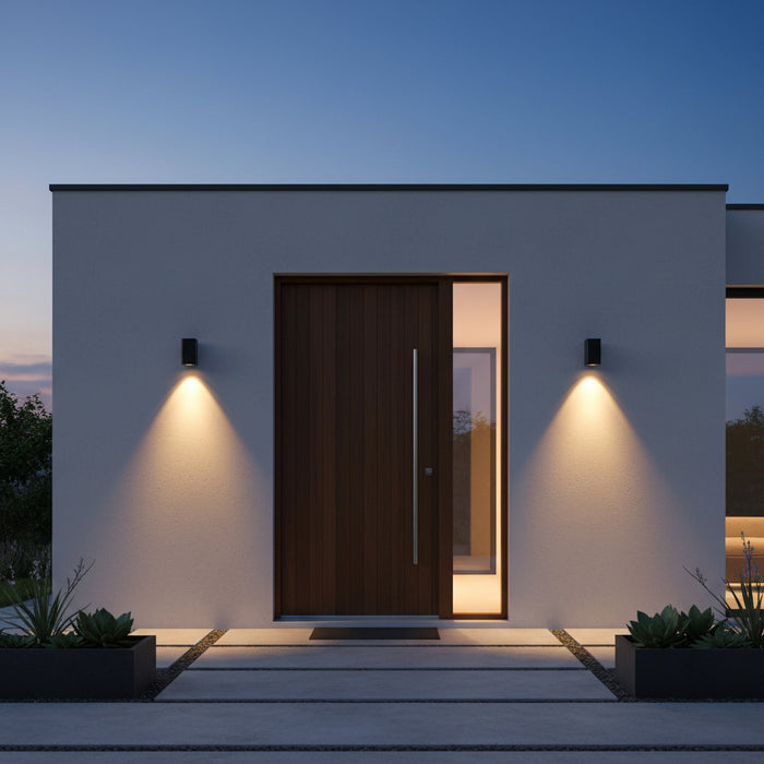 black outdoor wall downlighter mounted either side of the front door to a home