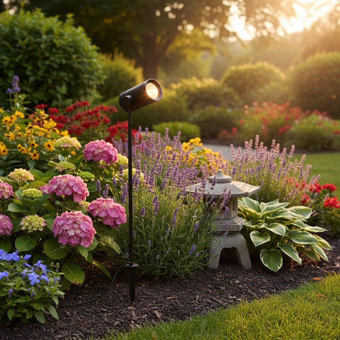 black outdoor LED spike light installed ina garden during the evening