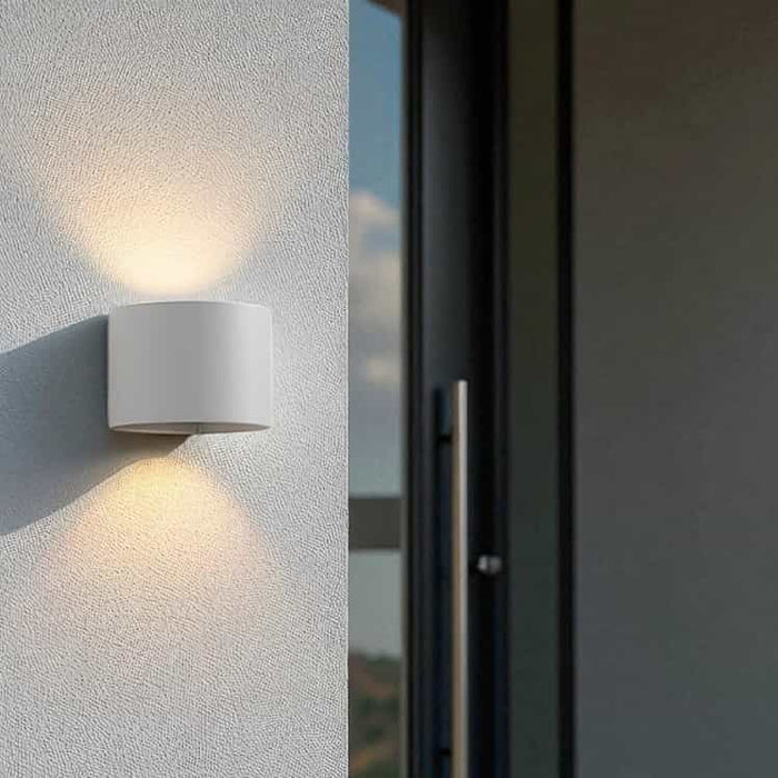 white outdoor up and down light mounted on a white exterior wall next to the front door of a house
