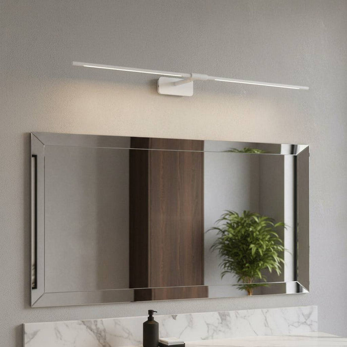 white bathroom light fixture over mirror in a modern bathroom