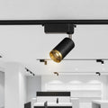 black and gold track lighting mounted on the ceiling in a shop