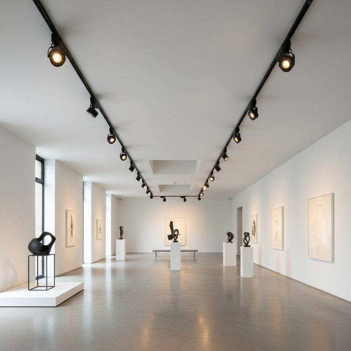 black slim track light fitting mounted in an art gallery