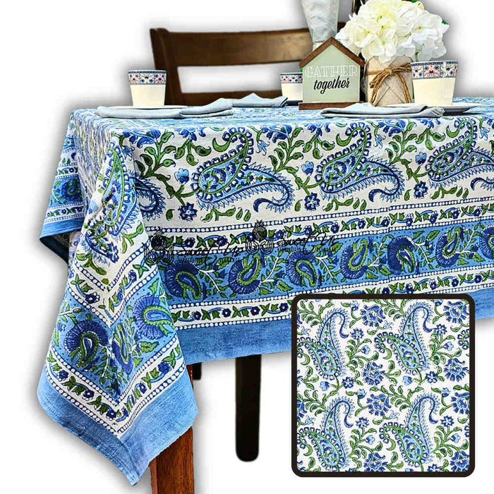 Parisian Paisley Floral Block Print Cotton Tablecloth Collection, Emerald Riviera - Sweet Us