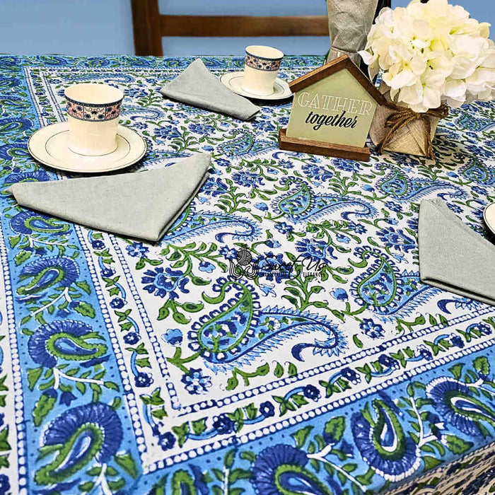 Parisian Paisley Floral Block Print Cotton Tablecloth Collection, Emerald Riviera - Sweet Us
