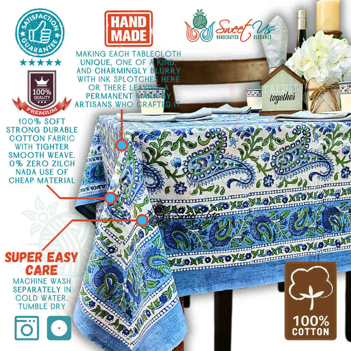 Parisian Paisley Floral Block Print Cotton Tablecloth Collection, Emerald Riviera - Sweet Us