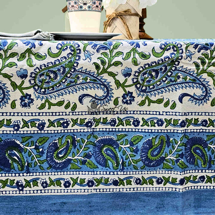 Parisian Paisley Floral Block Print Cotton Tablecloth Collection, Emerald Riviera - Sweet Us
