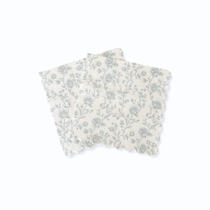 Baby Blue Floral Toile Scalloped Cocktail Napkins, 12pcs - Josi James - Small Napkins