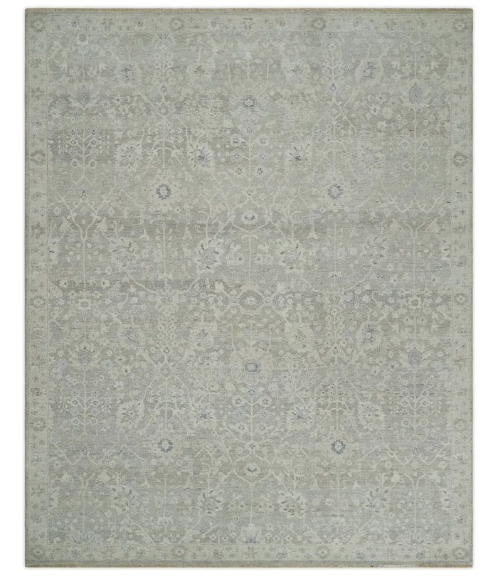 Beige and Silver Custom Made Antique Style Distressed Finished Low Pile wool Area Rug - The Rug Decor